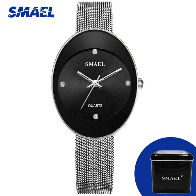 Silver Black Бренд SMAEL женские наручные часы из розового золота ультра тонкие сетчатые кварцевые часы из нержавеющей стали женские часы Reloj Mujer Relogio Feminino - Цвет: Silver Black