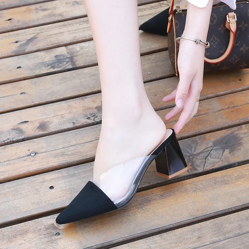 Women Summer High Heels Mules Slippers Ladies Pointed Toe Transparent Outside Shoes Woman Fashion slippers f517 | Обувь