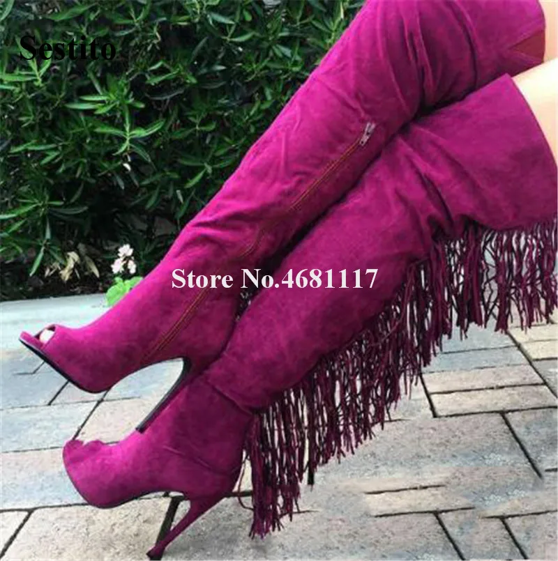 

Back Long Tassels Over Knee Boots Ladies Charming Peep Toe Suede Leather Thin Heel Sexy Fringes High Heel Long Boots Outfit
