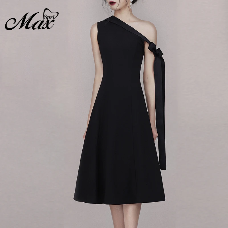 Женское платье на одно плечо Max Spri черное ТРАПЕЦИЕВИДНОЕ ПЛАТЬЕ средней длины с