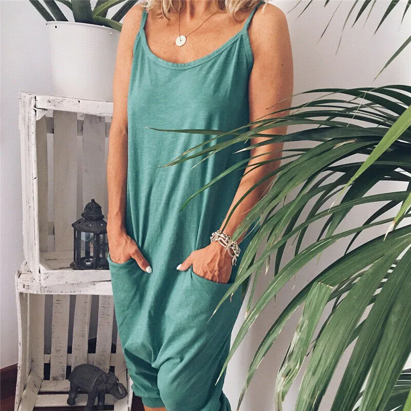 Women Casual Solid Pockets Loose Sleeveless Jumpsuit Lady Summer Spaghetti Strap Bodysuit New Fashion Style | Женская одежда