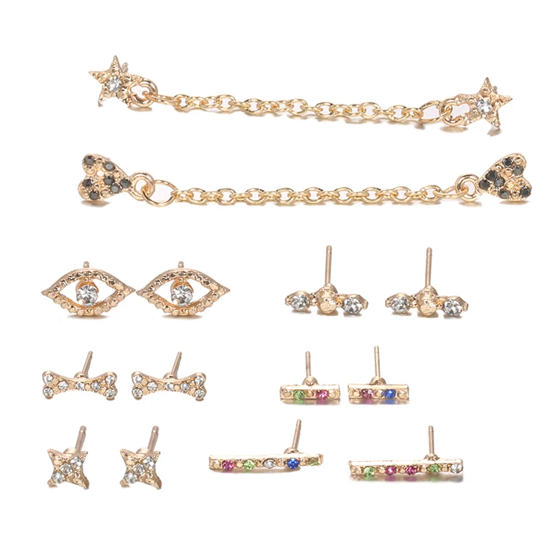 14 Pcs/Set Boho Crystal Chain Earrings Female Party Earring Fashion Heart Love Star Bones Eyes Stud Set | Украшения и аксессуары