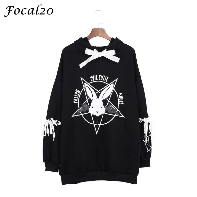 Black Focal20 Harajuku пентаграмма печати на шнуровке для женщин флисовые толстовки готический панк негабаритных бархат толстовка с капюшоном пуловер уличная - Цвет: Black