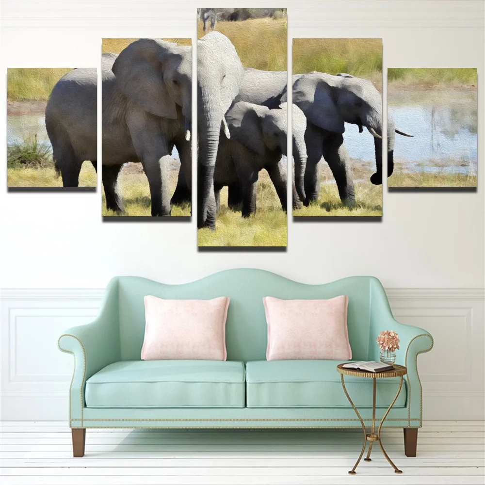 

5 Panel Large HD Printed Painting Elephant Grassland Colorful Canvas Print Wall Art Picture for Living Room