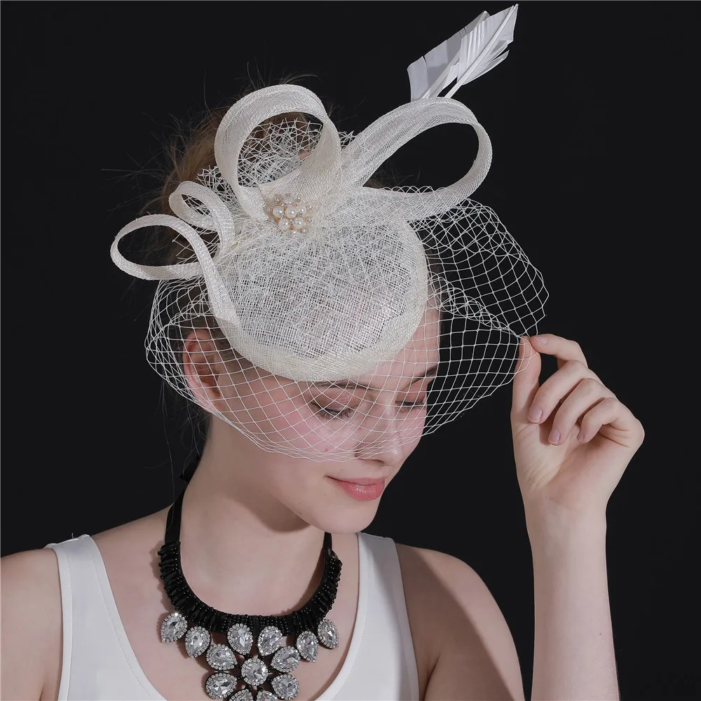 

Ivory Bridal Wedding Fascinator Accessory Hats Sinamay Chapeau Women's Fedora Female Ladies Veils Elegant Occasion Race Headwear