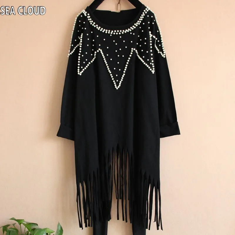 

82 spring & autumn female black long-sleeve t-shirt plus size loose basic shirt tassel beading t-shirts 120cm