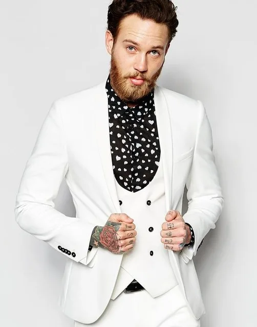 

White Men Suits For Wedding Slim Fit Groom Prom Tuxedos Shawl Lapel Best Man Party Blazer Jacket Formal Business Suit Men 3piece