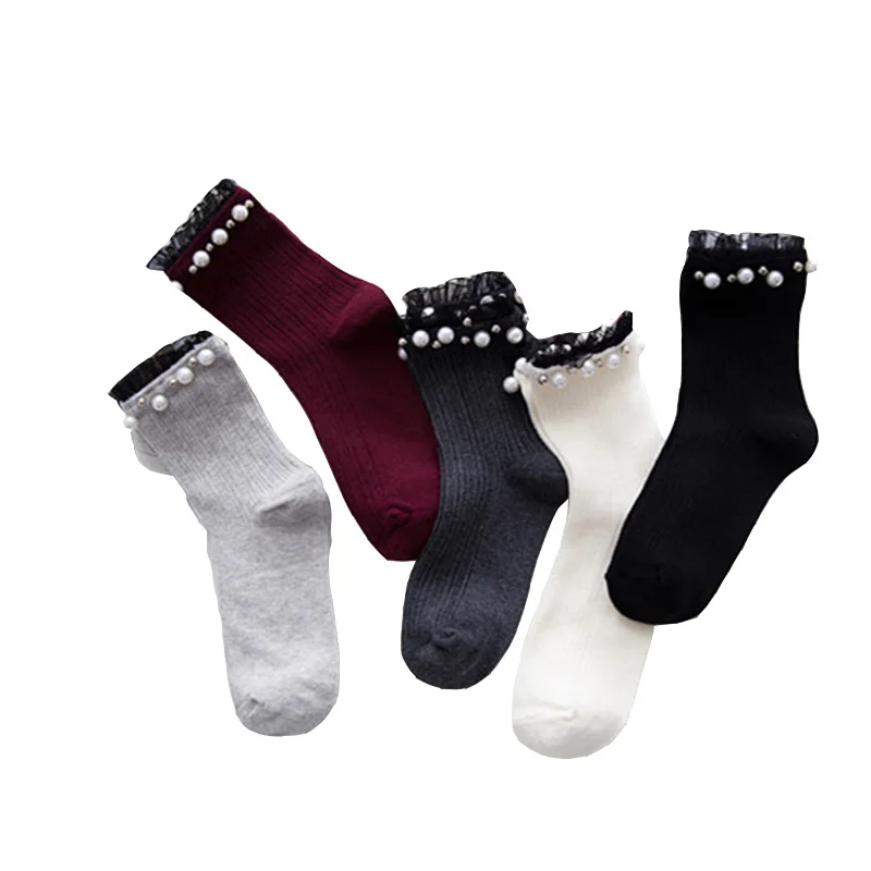 

5Pairs Hot Sale Fashion Handmade Pearl Cotton Socks Women High Quality Glitter Funny Socks Girls For Spring Autumn Winter