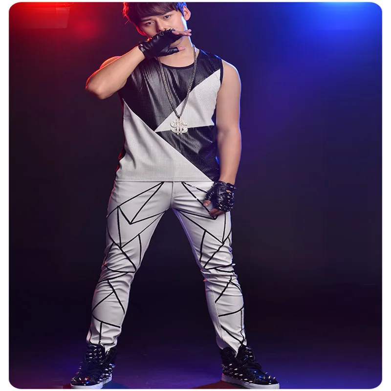 

R35 Pu men ballroom dance stage wears costumes dj singer show dress Stitching clothes party vest club t-shirt pants disco white
