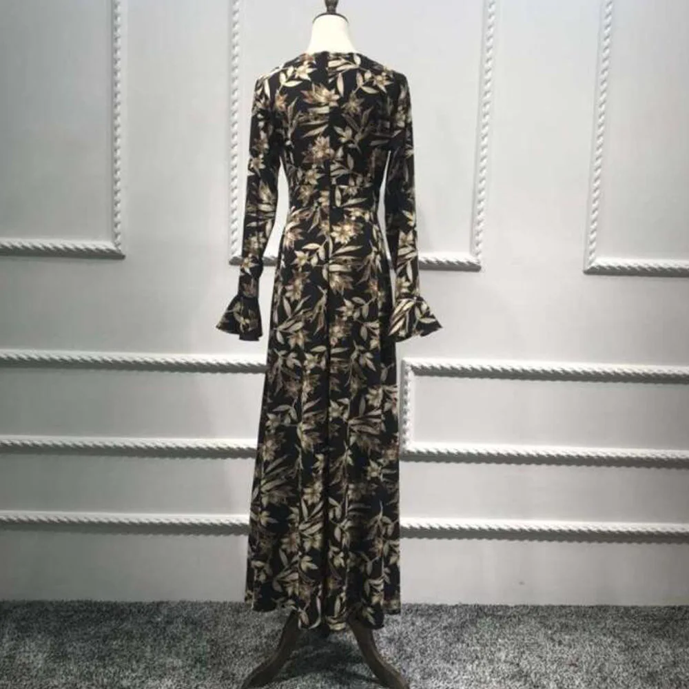 Женское мусульманское платье с цветочным принтом Abaya кафтан расклешенный рукав
