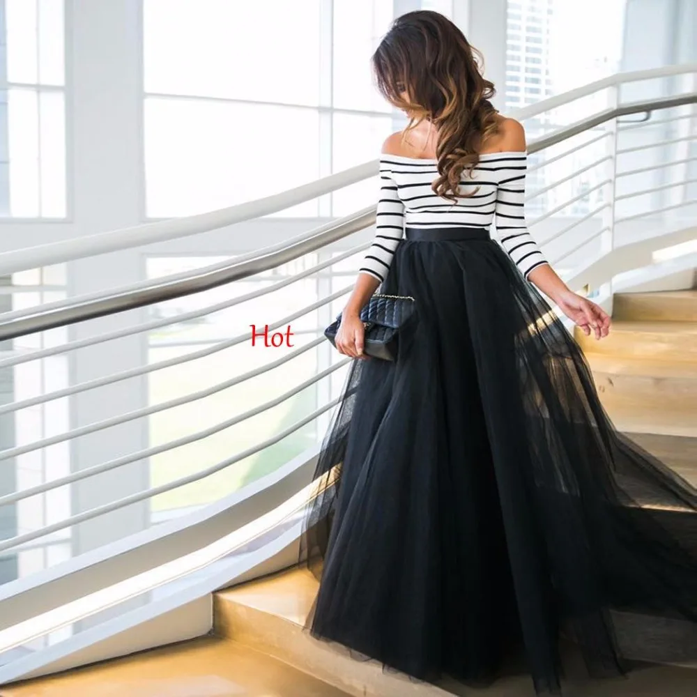 Fashion Women Ladies Off-shoulder Striped T-shirts High Waist A-line Dress Tutu Ball Gown Party Club Slim Maxi Long Sets | Женская
