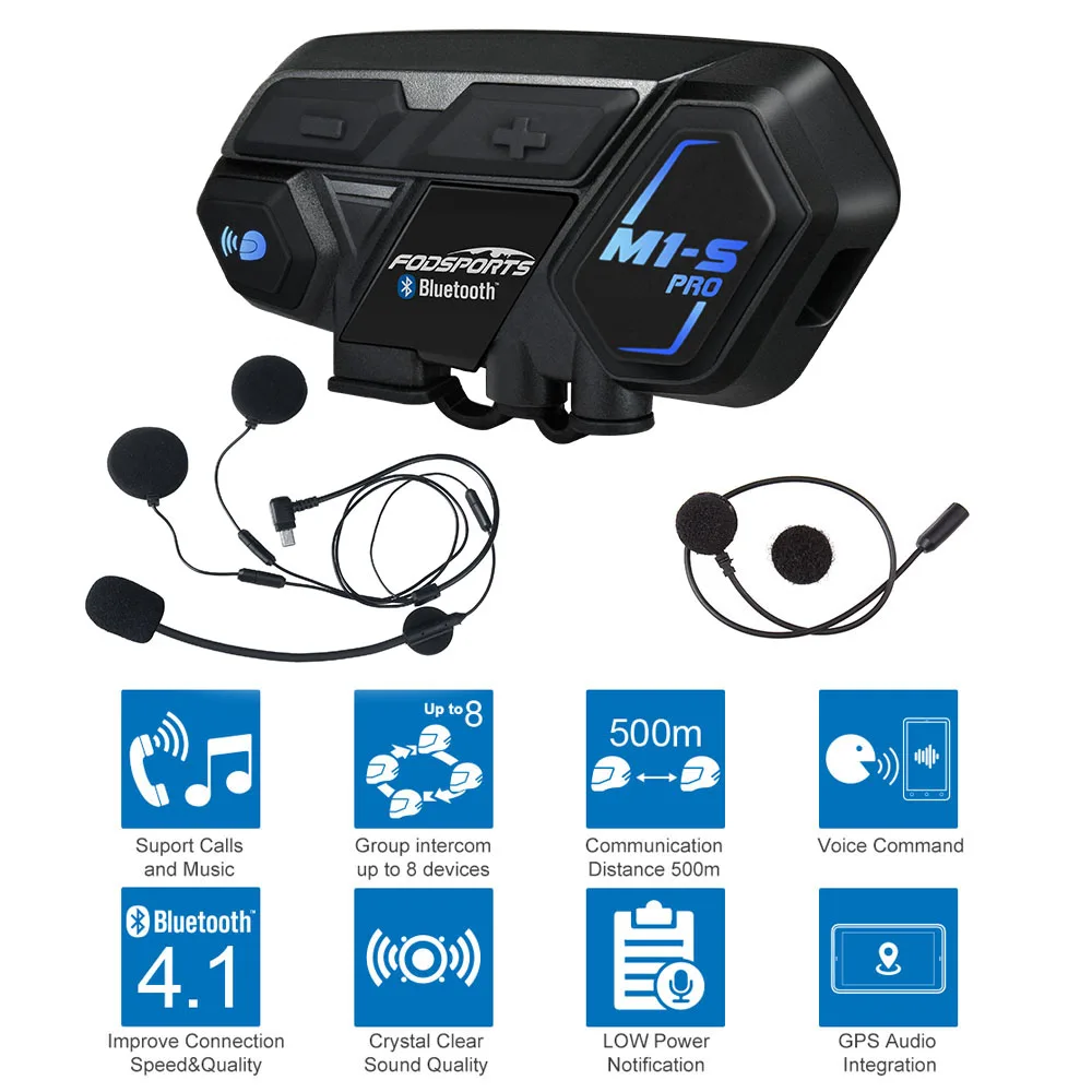 Fodsports M1-S Pro мотоциклетный Интерком шлем bluetooth гарнитура 8 гонщиков 2000 м группа Интерком Водонепроницаемый BT домофон