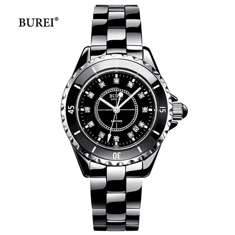 Часы женские Кварцевые водонепроницаемые с керамическим браслетом и календарем