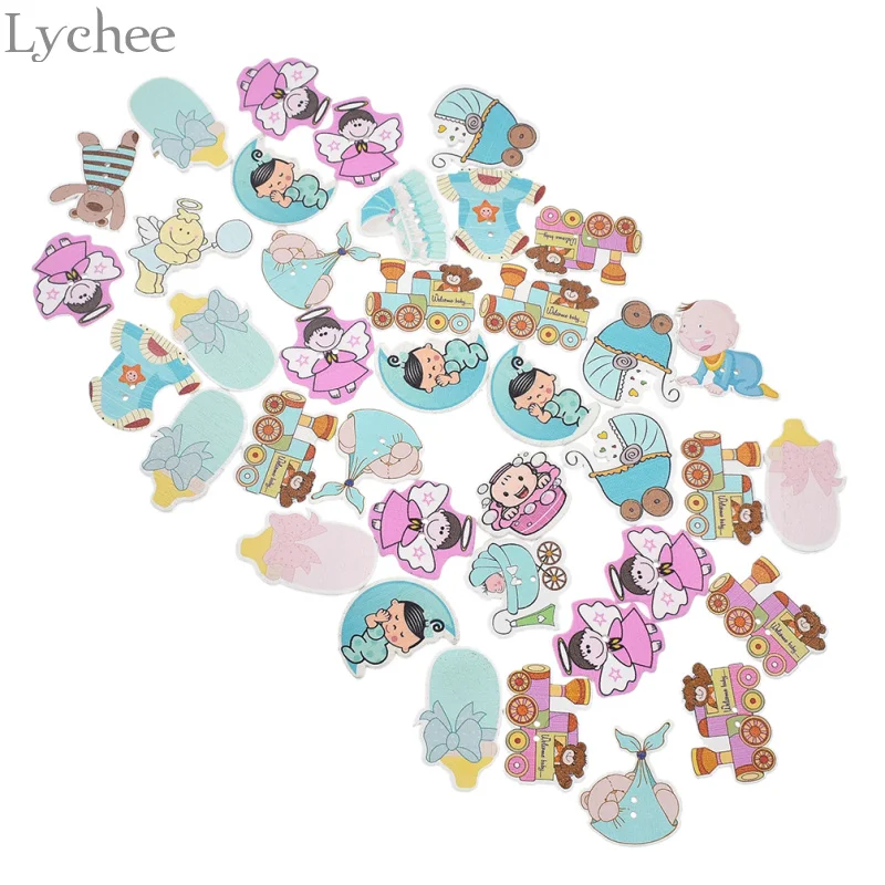 Lychee 100 шт. деревянные Мультяшные блестки 2 отверстия или без швейные пуговицы