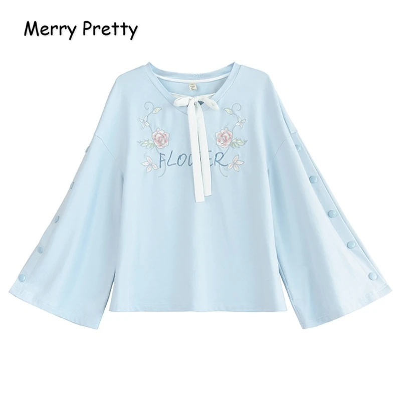 MERRY PRETTY женские толстовки с цветочной вышивкой розы, осень, длинный рукав, вырез, на шнуровке, пуловеры для женщин, милые толстовки