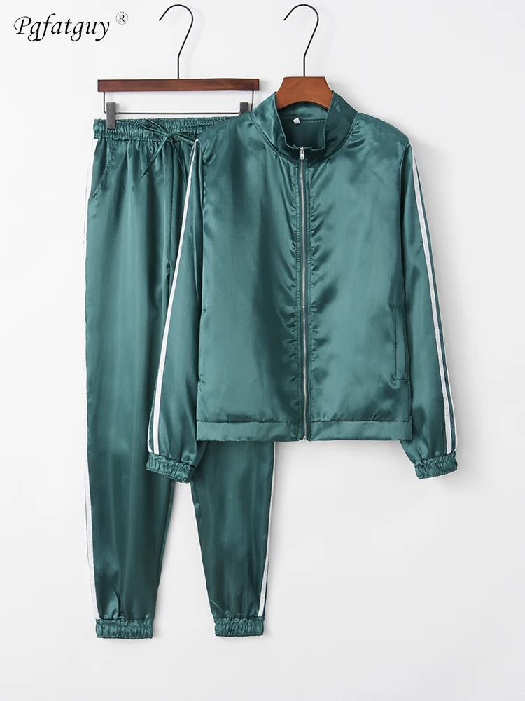 2 Piece set 2019 Summer Women's Side Striped Jacket+Elastic Waist Pant Sets Women Fashion Black Green Purple Jacket Suits |