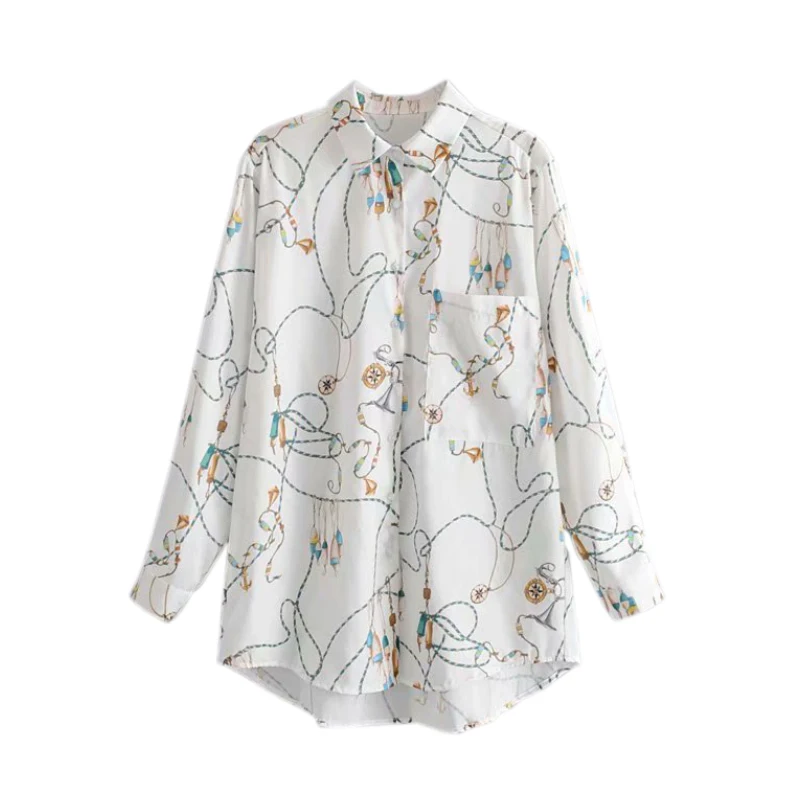 Женская милая Свободная блузка с принтом в виде цепочки карманами длинным