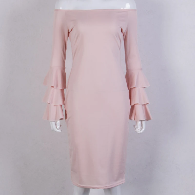 

Fashion Sweet Summer Dress 3 Style Long Sleeve Ruffles Off Shoulder Slash Neck Skinny Solid High Waist Knee-Length Dress