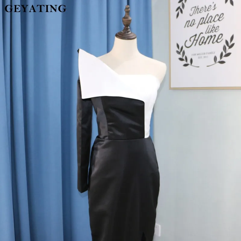 Vestido de festa, Черное и белое вечернее платье на одно плечо, с длинным рукавом, с разрезом по бокам, арабское выпускное платье, Длинные вечерние платья