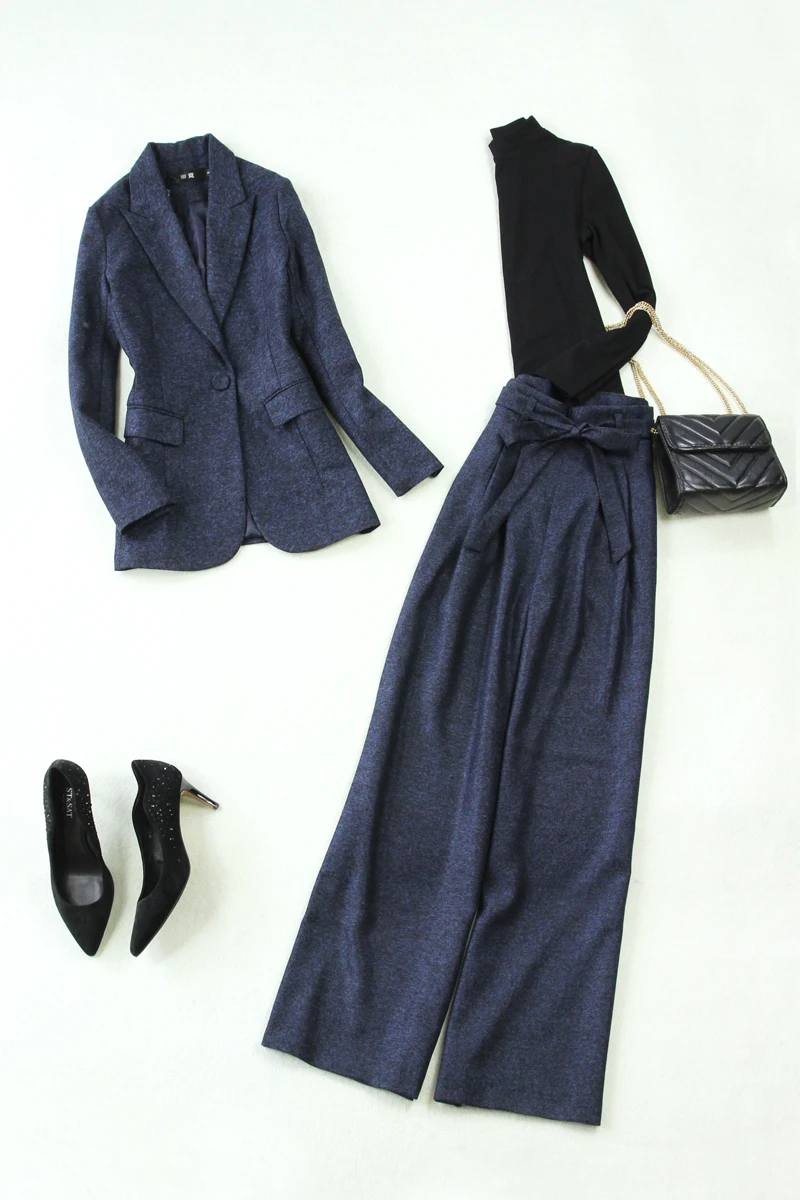 Large size women's 2019 autumn blue herringbone Slim suit + high waist wide leg pants thick 2/3 pieces set | Женская одежда