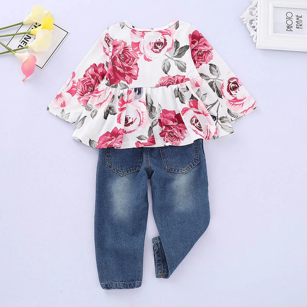 Toddler Baby Girls Floral Rose Print Tops+Denim Pants Outfits Clothes Set girls clothes summer 0328 | Детская одежда и обувь