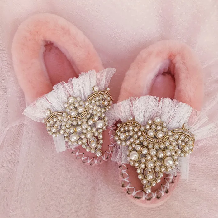 Winter fashion custom plus velvet warm cotton boots ladies sweet princess pink rhinestone pearl hair one shoes. | Обувь