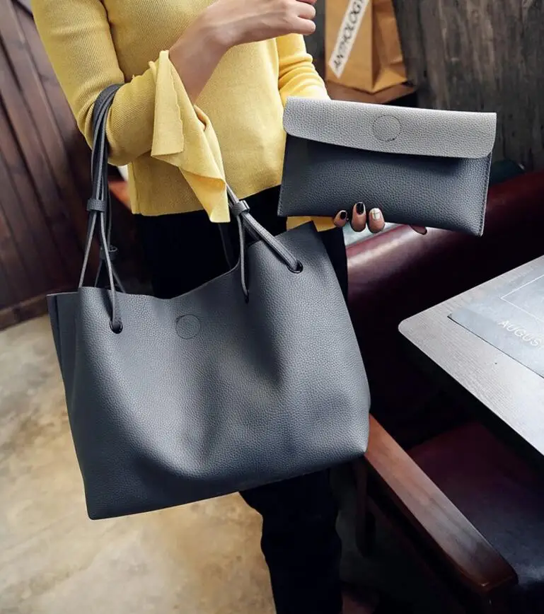 Сумка тоут женская из 2 предметов цвет черный серый/коричневый|handbag set|fashion