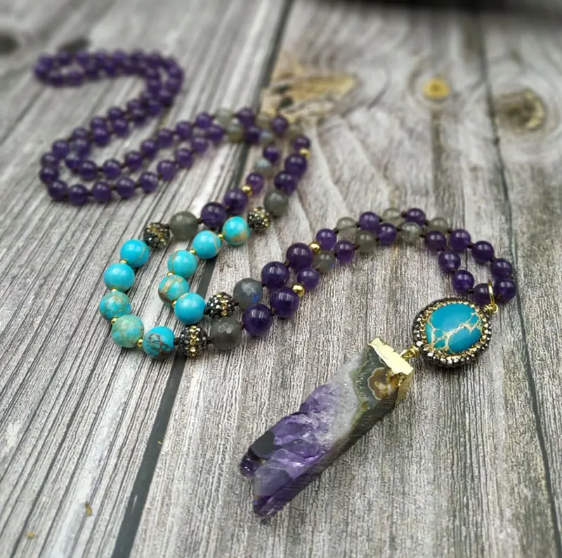 YA2742 108 Mala Beads ожерелье Amethys Druzy камень из осадочной породы кулон Knot Ручная работа