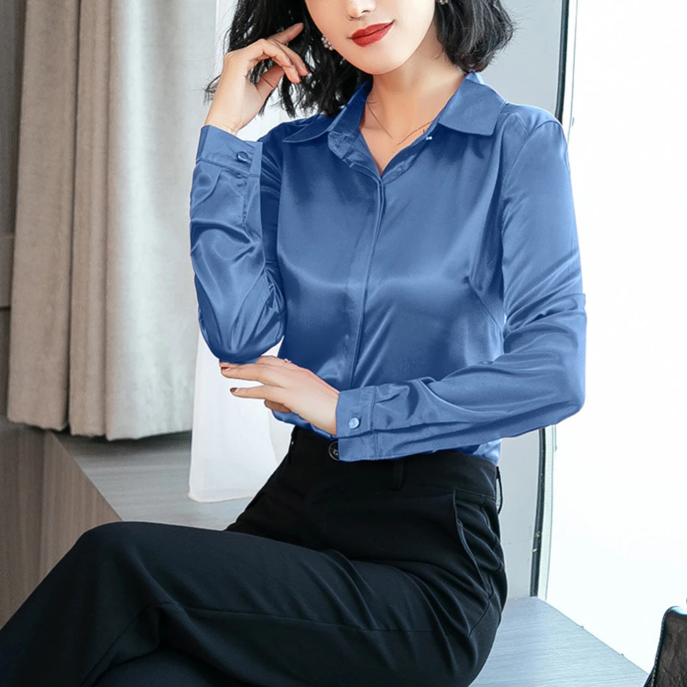 

Casual Satin Shirts Silk Blouses long-sleeved Lapel Button Woman Solid Color Slim Cardigan Basic Single-breasted Tops 2019 Hot