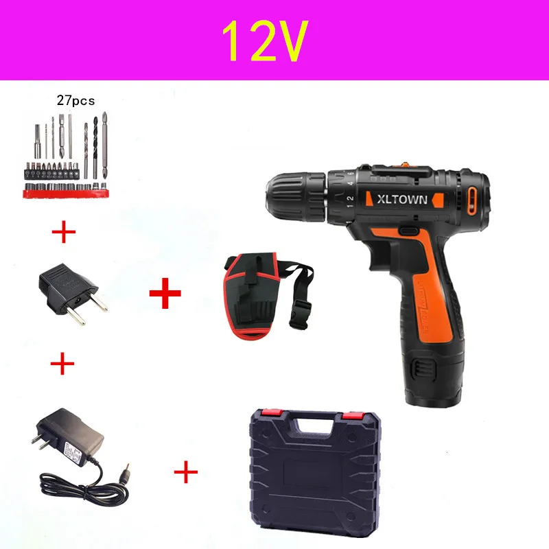 12V C XLTOWN 25 в электрическая отвертка многофункциональная перезаряжаемая литиевая батарея электрическая дрель домашняя мощная ручная дрель литиевая дрель - Цвет: 12V C