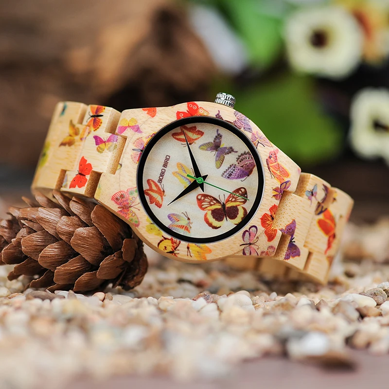 Бобо птица бамбук для женщин часы кварцевые Леди horloges vrouwen бабочка часы женские часы логотип с деревянным чехлом