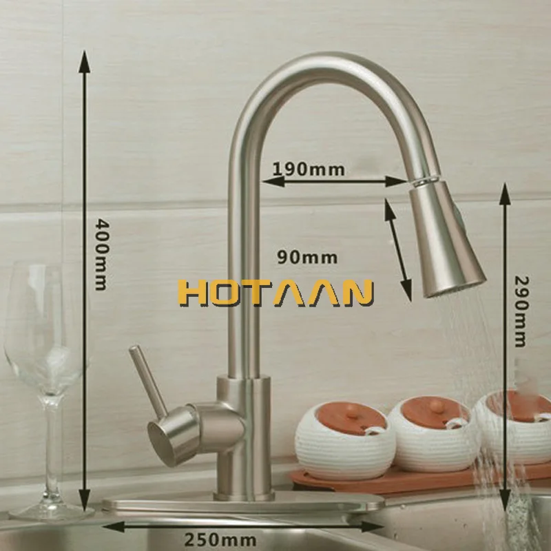 

Perfect Brushed Nickle Solid Brass Kitchen Faucet Pull Out Spray Deck Mounted Sink Mixer Taps Single Handle Swivel YT-6028