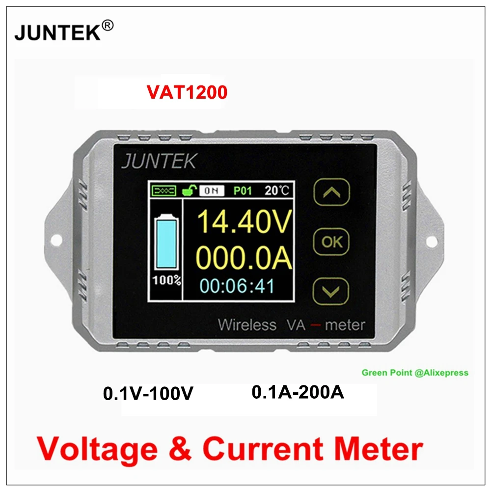 

VAT1200 Digital Wireless Coulomb Counter 100V 200A Battery Monitoring 12V 24V 48V LCD Display Voltmeter HD Voltage Current Meter