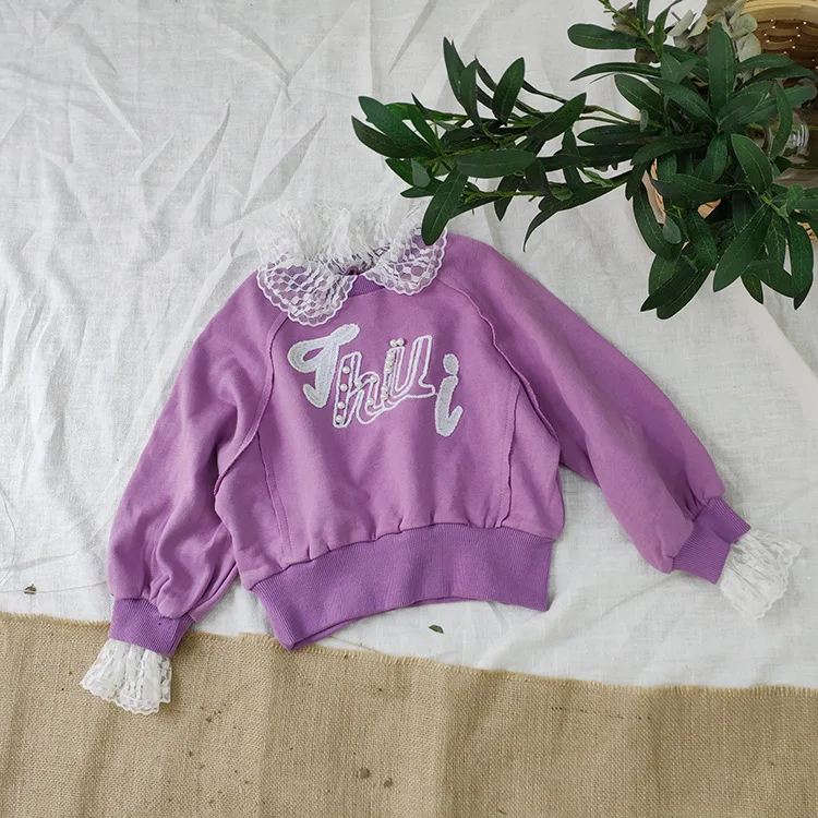 

2-8 Yrs Toddler Girl Hoodies Autumn Fashion Candy Color Letter Printed Sweatshirt lace Puff sleeve Tops Kids Warm Clothing