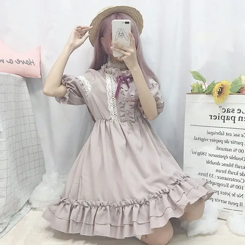 dress Kawaii/японское платье в стиле Лолиты; платье для женщин; мягкое платье для девочек; милое платье феи с кружевными рукавами-фонариками - Цвет: dress