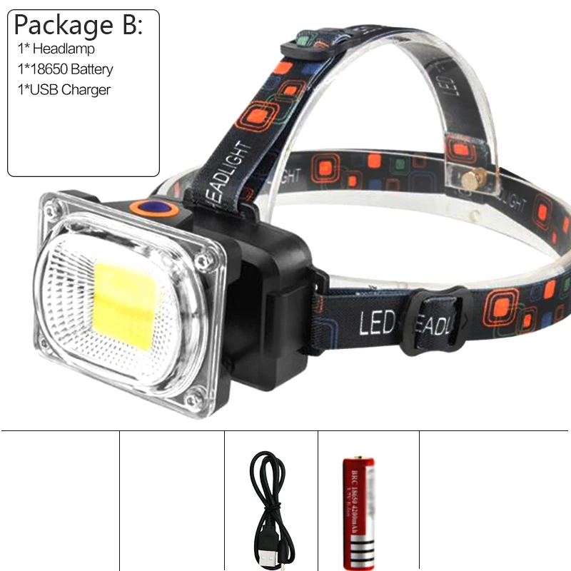 B Ультра яркий 6200LM COB светодиодный налобный фонарь с зарядкой от USB для кемпинга, рыбалки, работы, портативный прожекторный фонарь, фонарик - Испускаемый цвет: B