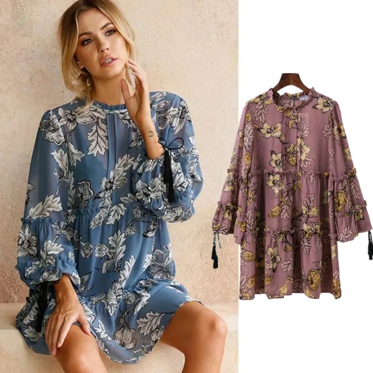 Yzeqi Для женщин короткие оборки Flare с длинным рукавом Dressesfloral принтом Boho Летнее