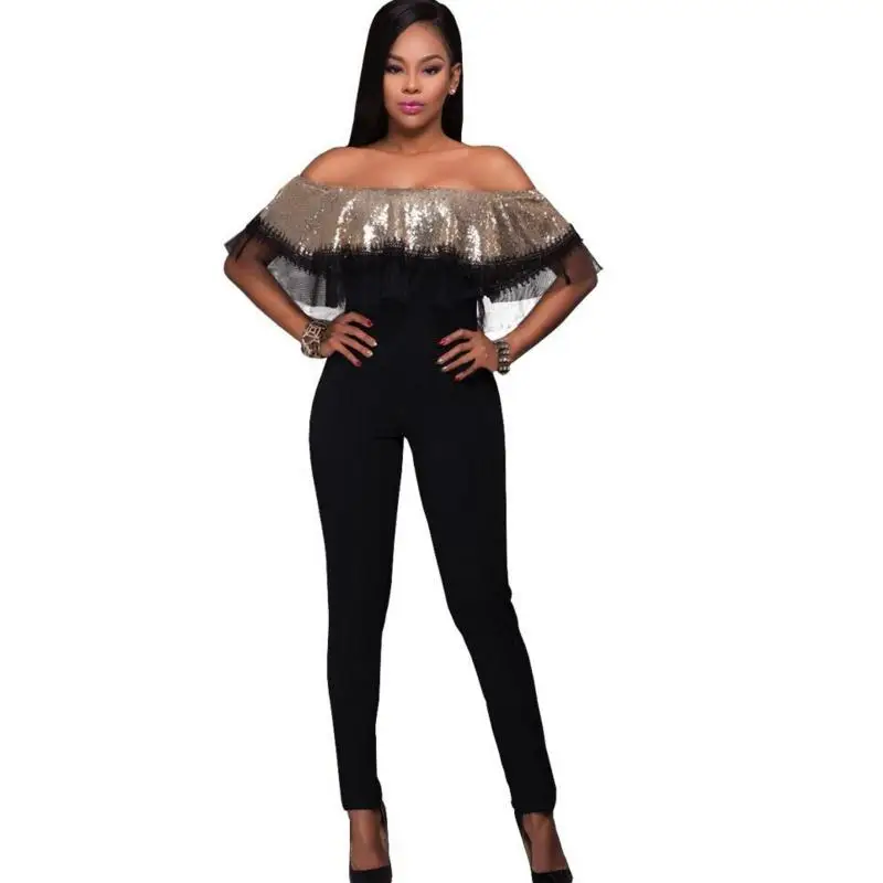 New Women's Sexy Slim Fashion Europe Style Slash Collar Large Swing Paillette Falbala Vintage Lace Patchwork Long Jumpsuits | Женская