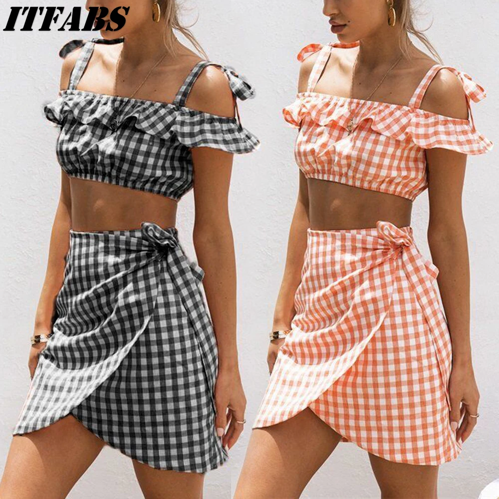 Модный комплект из двух предметов для женщин, Boho, Летний Пляжный клетчатый укороченный топ, вечерние, Короткие мини юбки, повседневный комплект из 2 предметов