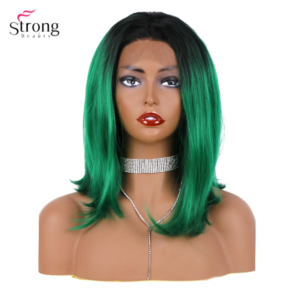 StrongBeauty парик на кружеве для женщин Средний прямой зеленый волос Омбре синтетические парики на шнурках Боб 16"