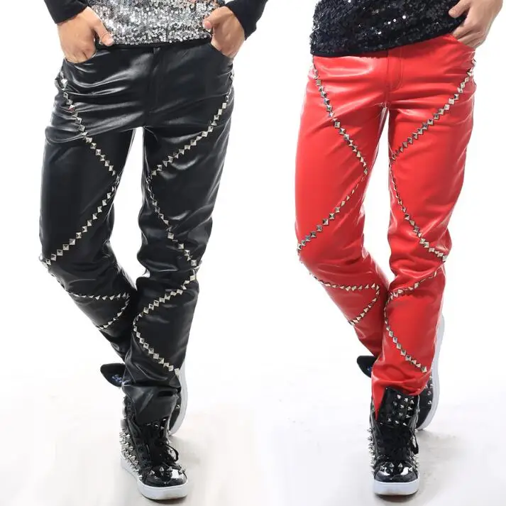 Мужские кожаные брюки султанки с заклепками из ПУ кожи|fashion mens leather pants|mens fashion pantsmen