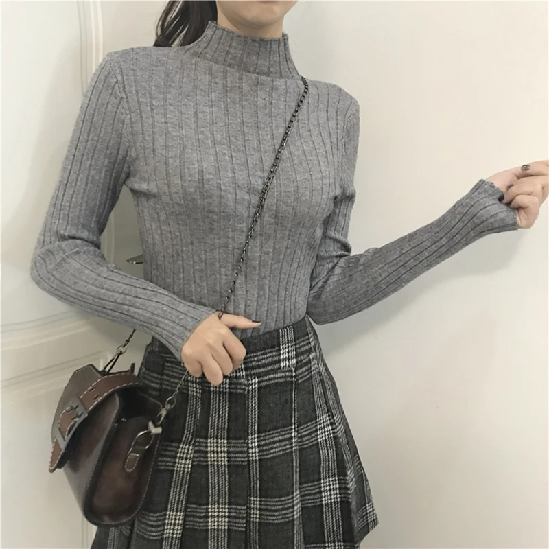 Spring Skinny Striped Women Sweater Half-Turtleneck Full Sleeve Knitted Pullovers Knitwear Femme Elastic Knitting Jumper 2019 | Женская