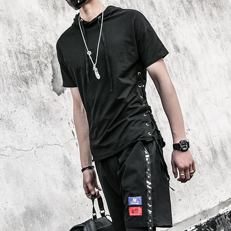 Streewear Для мужчин уникальная Двусторонняя шнурок летние футболка с капюшоном