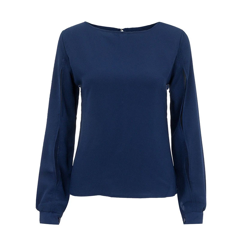 Trytree Summer Autumn Top Women Blouse Casual Shirt Solid Polyester O-Neck Tops Hollow Out Sleeves clothes Office Lady Shirts |