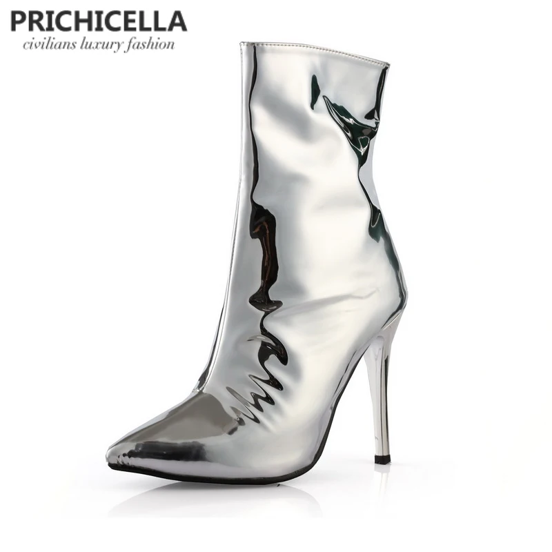 Уникальные Серебристые блестящие ботинки PRICHICELLA привлекательные кожаные