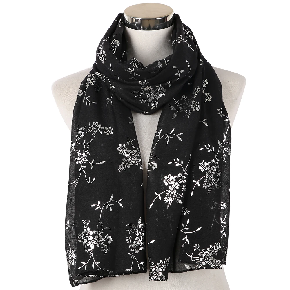

2018 Fashion Black Red Floral Print Foil Silver Shawl Scarf Autumn Wraps and Scarves Pashmina Foulards Stole Muslim Hijab