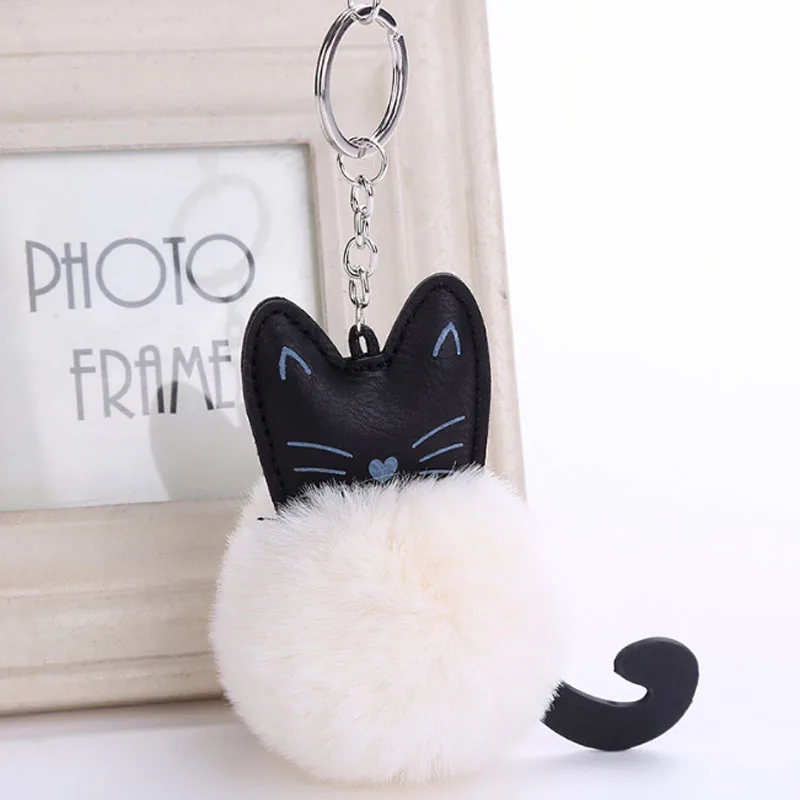 

New Faux Rabbit Fur Ball Cat Key Chain Fashion PU Keyring for Women Bag Car Pompom Pendant Jewelry Key Holder WJ5527