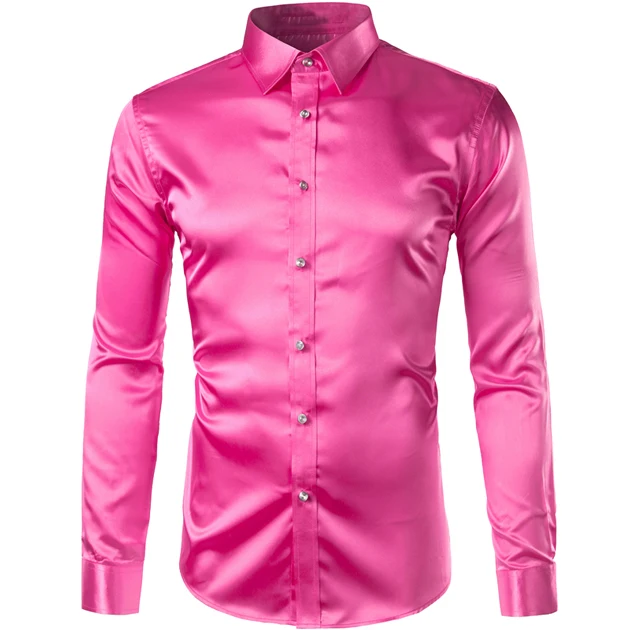 rose red Трендовая шелковая атласная Мужская рубашка с длинным рукавом Chemise Homme модная мужская приталенная рубашка из искусственного шелка на пуговицах - Цвет: rose red