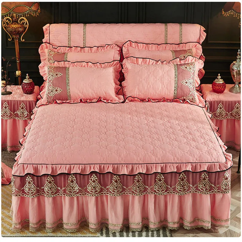 pure color 3pcs sanding cotton lace edge bedskirt free shipping thickened bedspreads European style high quality bedding set | Дом и сад