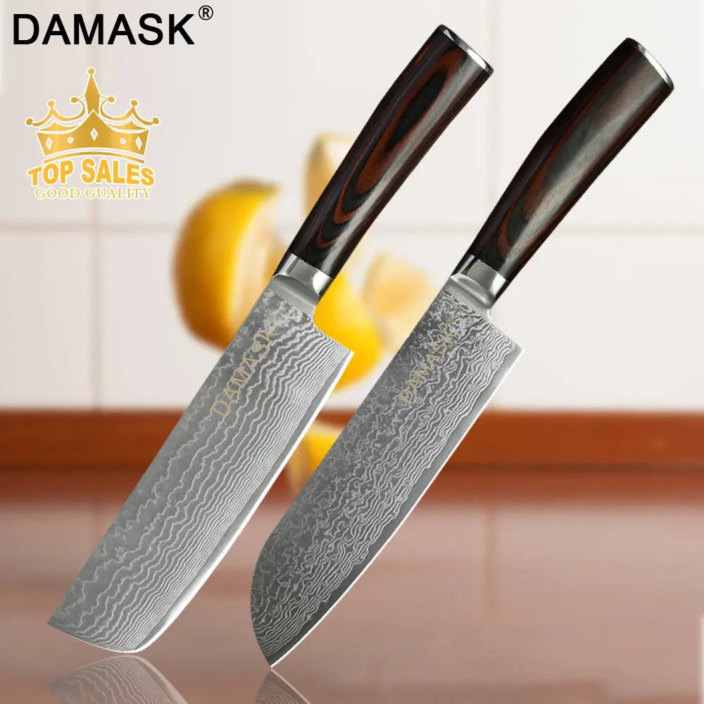C 2 PCS Набор кухонных ножей Damask " шеф-повара 8" нарезка " сантоку 7" разделка Профессиональные Кухонные ножи Япония Дамасская сталь рыба и нож для мяса - Цвет: C 2 PCS
